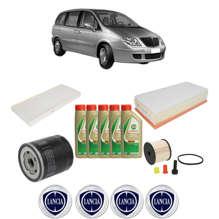 Pachet filtre revizie Bosch, 5 litrii ulei Castrol 5W40 LANCIA PHEDRA (179_) 2.0 JTD (179AXB1A) din 2002-2010, 4x Stickere auto cu LANCIA
