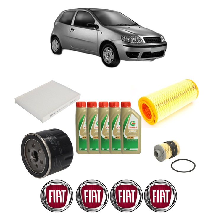 Pachet filtre revizie Bosch, 5 litrii ulei Castrol 5W40 FIAT PUNTO (188_) 1.9 JTD din 2003-2012, 4x Stickere auto cu FIAT