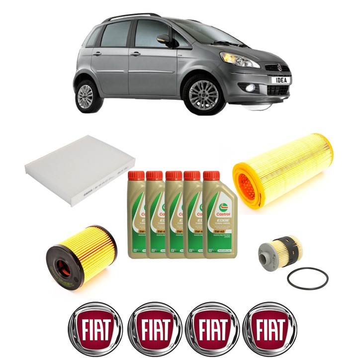 Pachet filtre revizie Bosch, 5 litrii ulei Castrol 5W40 FIAT IDEA (350_) 1.9 JTD din 2004, 4x Stickere auto cu FIAT