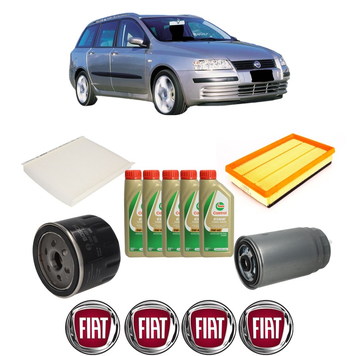 Pachet filtre revizie Bosch, 5 litrii ulei Castrol 5W40 FIAT STILO (192_) 1.9 JTD din 2004-2006, 4x Stickere auto cu FIAT