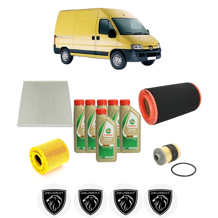 Pachet filtre revizie Bosch, 6 litrii ulei Castrol 5W40 PEUGEOT BOXER Van 2.2 HDi 100 din 2006, 4x Stickere auto cu PEUGEOT