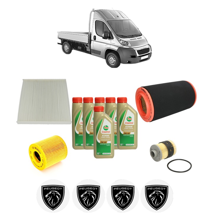 Pachet filtre revizie Bosch, 6 litrii ulei Castrol 5W40 PEUGEOT BOXER Platform/Chassis 2.2 HDi 100 din 2006, 4x Stickere auto cu PEUGEOT