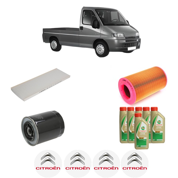 Pachet filtre revizie Bosch, 6 litrii ulei Castrol 5W40 CITROEN JUMPER I Platform/Chassis (230) 2.8 HDi din 2000-2002, 4x Stickere auto cu CITROEN
