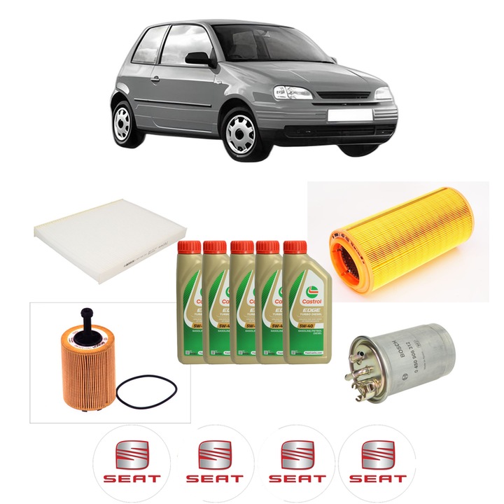 Pachet filtre revizie Bosch, 5 litrii ulei Castrol 5W40 SEAT AROSA (6H1) 1.4 TDI din 2000-2004, 4x Stickere auto cu SEAT