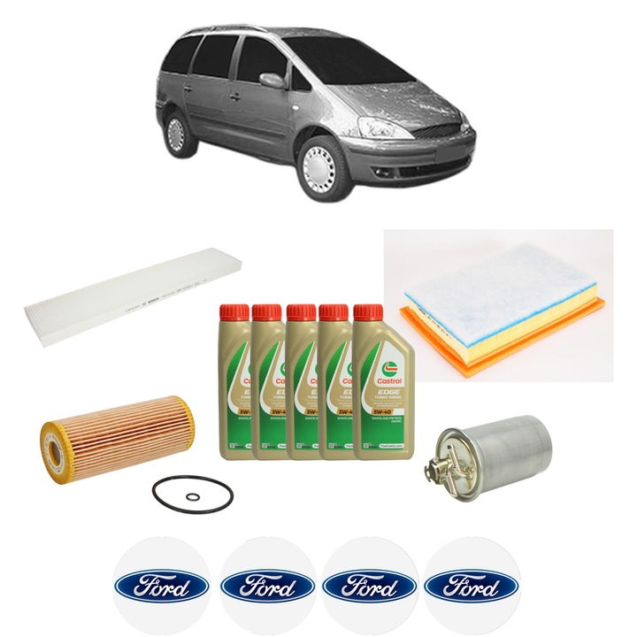 Pachet filtre revizie Bosch, 5 litrii ulei Castrol 5W40 FORD GALAXY MK I VAN (WGR) 1.9 TDi din 2000-2006, 4x Stickere auto cu FORD