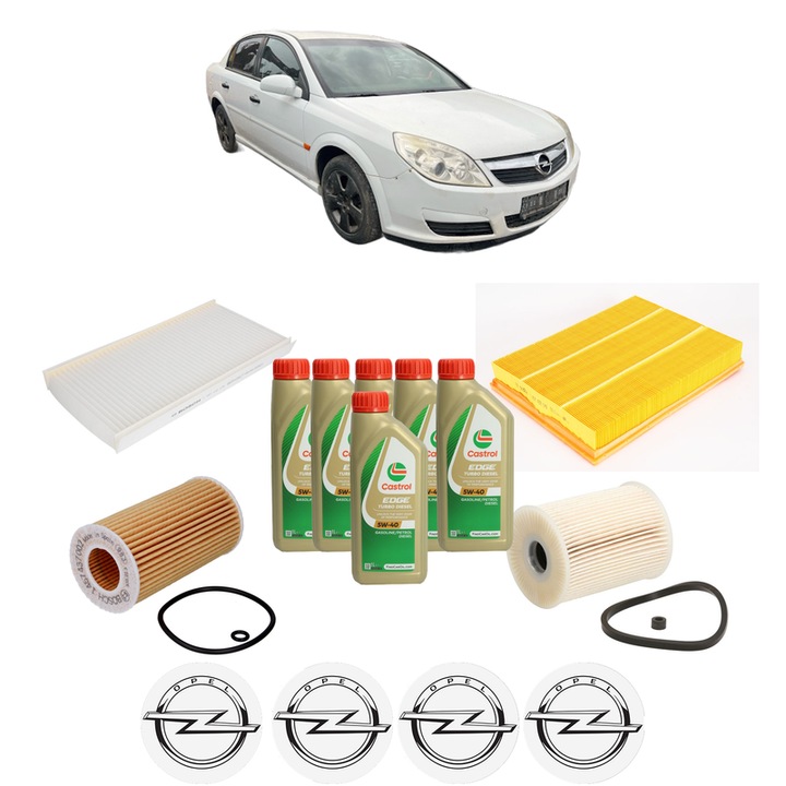 Pachet filtre revizie Bosch, 6 litrii ulei Castrol 5W40 OPEL VECTRA C (Z02) 2.0 DTI 16V (F69) din 2002-2006, 4x Stickere auto cu OPEL