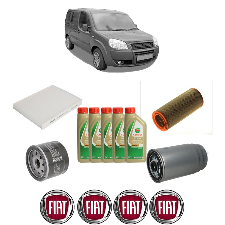 Pachet filtre revizie Bosch, 5 litrii ulei Castrol 5W40 FIAT DOBLO MPV (119_, 223_) 1.9 JTD din 2003, 4x Stickere auto cu FIAT