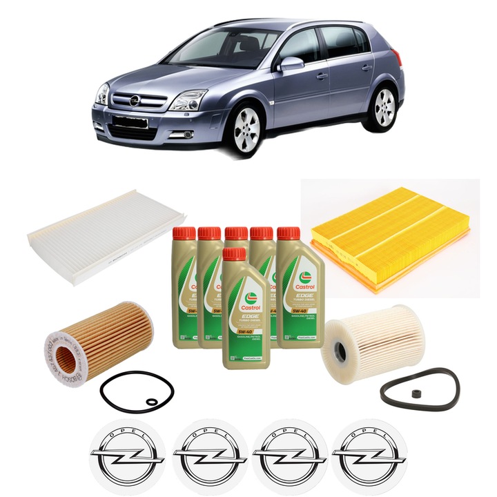 Pachet filtre revizie Bosch, 6 litrii ulei Castrol 5W40 OPEL SIGNUM Hatchback (Z03) 2.0 DTI (F48) din 2003-2004, 4x Stickere auto cu OPEL