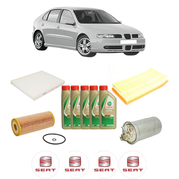 Pachet filtre revizie Bosch, 5 litrii ulei Castrol 5W40 SEAT LEON (1M1) 1.9 TDI din 2003-2006, 4x Stickere auto cu SEAT