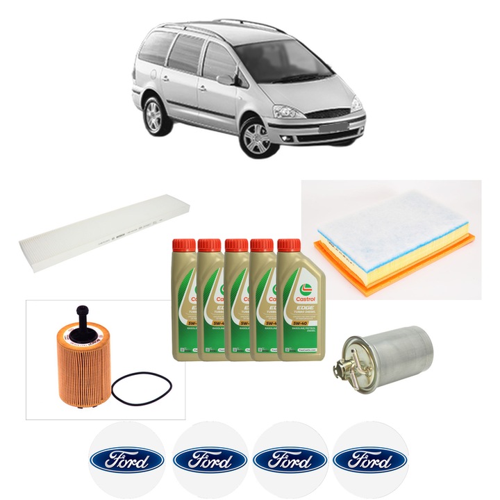 Pachet filtre revizie Bosch, 5 litrii ulei Castrol 5W40 FORD GALAXY I (WGR) 1.9 TDI din 2003-2006, 4x Stickere auto cu FORD
