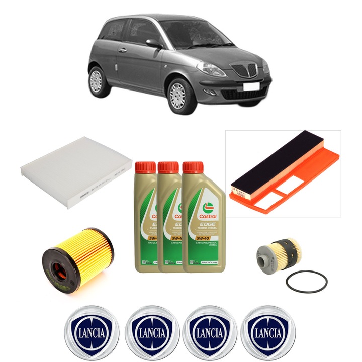 Pachet filtre revizie Bosch, 3 litrii ulei Castrol 5W40 LANCIA YPSILON (843_) 1.3 JTD (843.AXD11, 843.AXD1A) din 2003-2011, 4x Stickere auto cu LANCIA