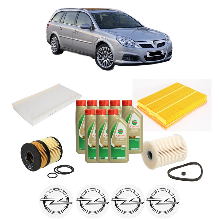 Pachet filtre revizie Bosch, 8 litrii ulei Castrol 5W40 OPEL VECTRA C Estate (Z02) 3.0 V6 CDTI (F35) din 2003-2005, 4x Stickere auto cu OPEL