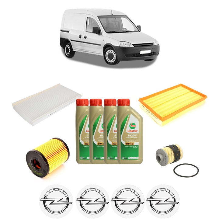 Pachet filtre revizie Bosch, 4 litrii ulei Castrol 5W40 OPEL COMBO Box Body/MPV 1.3 CDTI 16V din 2005, 4x Stickere auto cu OPEL