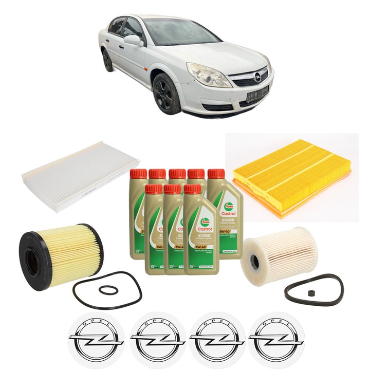 Pachet filtre revizie Bosch, 8 litrii ulei Castrol 5W40 OPEL VECTRA C (Z02) 3.0 CDTi (F69) din 2005-2008, 4x Stickere auto cu OPEL