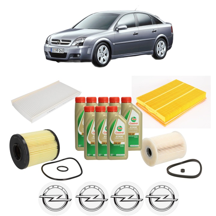 Pachet filtre revizie Bosch, 8 litrii ulei Castrol 5W40 OPEL VECTRA C GTS (Z02) 3.0 CDTi (F68) din 2005-2008, 4x Stickere auto cu OPEL
