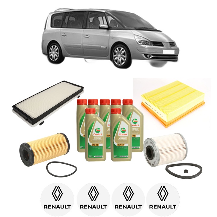 Pachet filtre revizie Bosch, 7 litrii ulei Castrol 5W40 RENAULT ESPACE IV (JK0/1_) 2.2 dCi (JK07) din 2006, 4x Stickere auto cu RENAULT