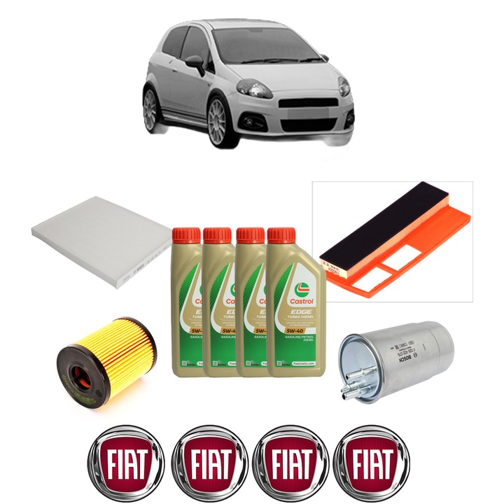 Pachet filtre revizie Bosch, 4 litrii ulei Castrol 5W40 FIAT GRANDE PUNTO Van (199_) 1.3 JTD Multijet (199CXD1B) din 2006-2010, 4x Stickere auto cu FIAT