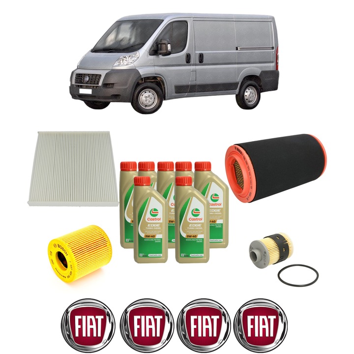 Pachet filtre revizie Bosch, 7 litrii ulei Castrol 5W40 FIAT DUCATO Van (250_) 100 Multijet 2, 2 D din 2006-2011, 4x Stickere auto cu FIAT