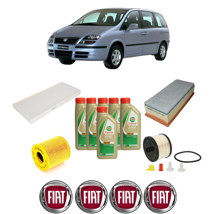 Pachet filtre revizie Bosch, 6 litrii ulei Castrol 5W40 FIAT ULYSSE (179_) 2.0 D Multijet din 2006-2011, 4x Stickere auto cu FIAT
