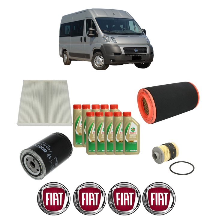 Pachet filtre revizie Bosch, 10 litrii ulei Castrol 5W40 FIAT DUCATO Bus (250_) 160 Multijet 3, 0 D din 2006-2011, 4x Stickere auto cu FIAT