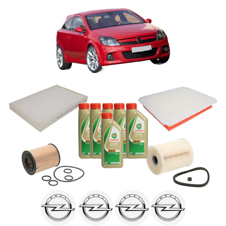 Pachet filtre revizie Bosch, 6 litrii ulei Castrol 5W40 OPEL ASTRA H GTC (A04) 1.7 CDTI (L08) din 2007-2010, 4x Stickere auto cu OPEL