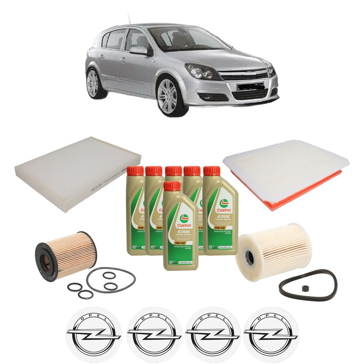 Pachet filtre revizie Bosch, 6 litrii ulei Castrol 5W40 OPEL ASTRA H (A04) 1.7 CDTI (L48) din 2007-2014, 4x Stickere auto cu OPEL