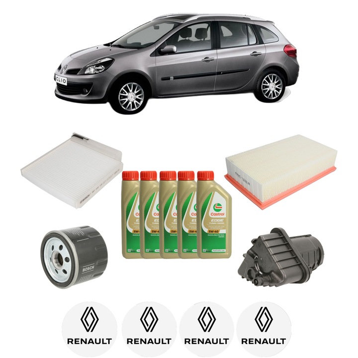 Pachet filtre revizie Bosch, 5 litrii ulei Castrol 5W40 RENAULT CLIO III Grandtour (KR0/1_) 1.5 dCi (KR0G) din 2007-2012, 4x Stickere auto cu RENAULT