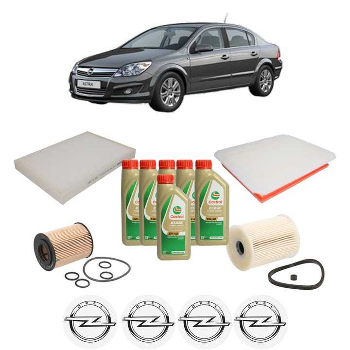 Pachet filtre revizie Bosch, 6 litrii ulei Castrol 5W40 OPEL ASTRA H Saloon (A04) 1.7 CDTi (L69) din 2007-2014, 4x Stickere auto cu OPEL