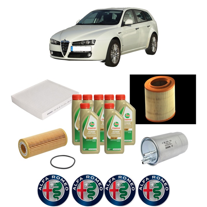 Pachet filtre revizie Bosch, 7 litrii ulei Castrol 5W40 ALFA ROMEO 159 Sportwagon (939_) 2.4 JTDM (939BXD1B, 939BXD12) din 2006-2011, 4x Stickere auto cu ALFA ROMEO