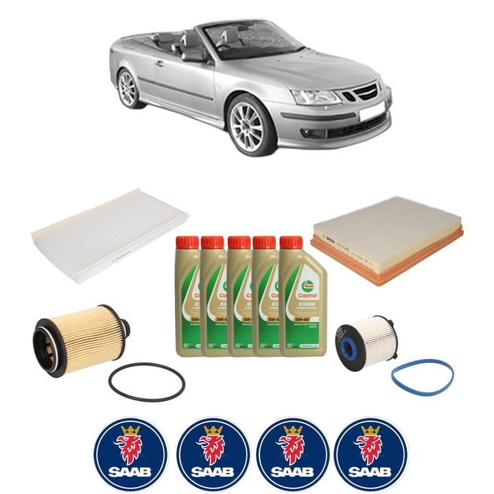 Pachet filtre revizie Bosch, 5 litrii ulei Castrol 5W40 SAAB 9-3 Convertible (YS3F) 1.9 TTiD din 2007-2015, 4x Stickere auto cu SAAB