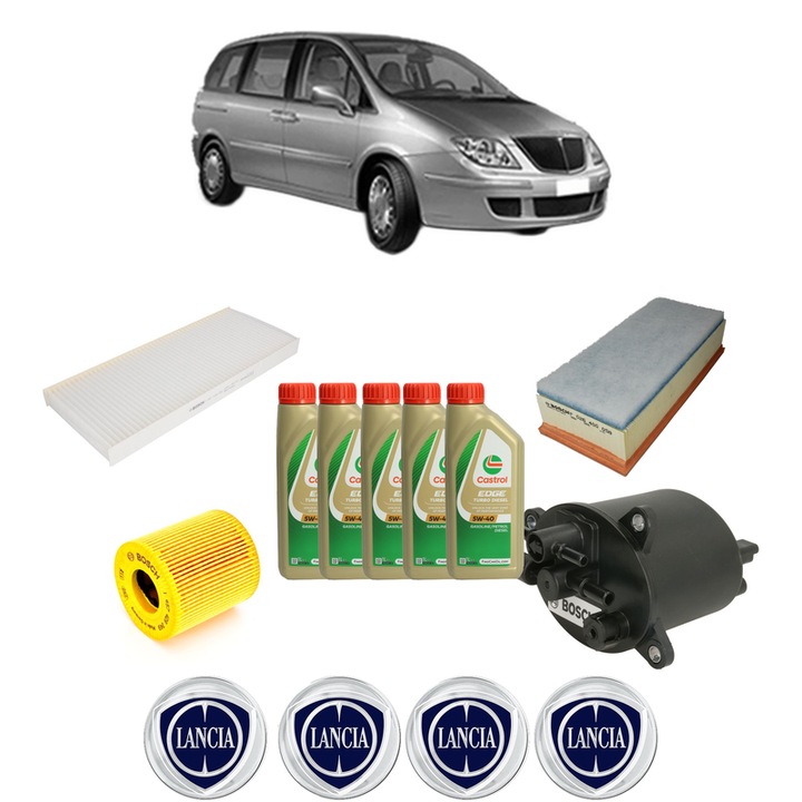 Pachet filtre revizie Bosch, 5 litrii ulei Castrol 5W40 LANCIA PHEDRA (179_) 2.2 D Multijet (179.AXM1B, 179.AXP11, 179.BXM1B,... din 2008-2010, 4x Stickere auto cu LANCIA