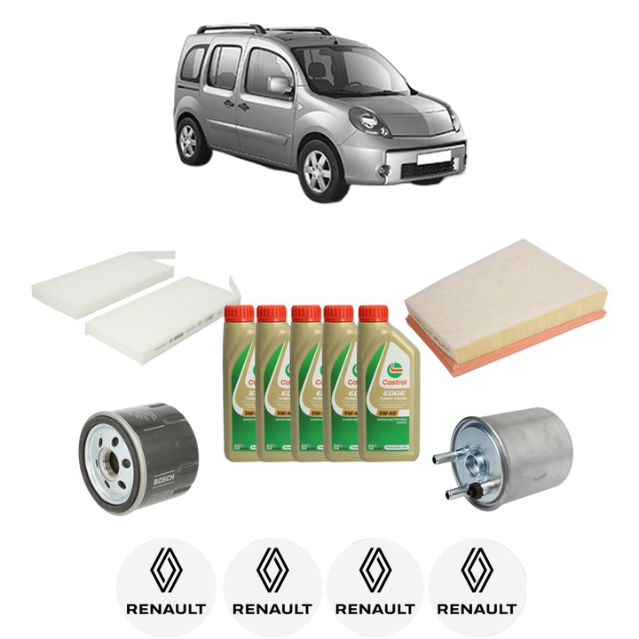 Pachet filtre revizie Bosch, 5 litrii ulei Castrol 5W40 RENAULT KANGOO / GRAND KANGOO II (KW0/1_) 1.5 dCi 70 (KW0V, KW0A) din 2008, 4x Stickere auto cu RENAULT