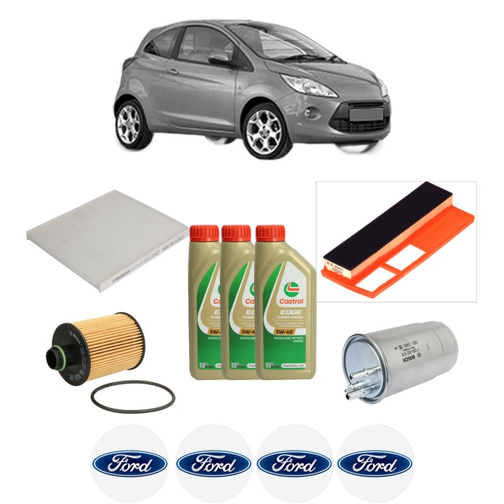 Pachet filtre revizie Bosch, 3 litrii ulei Castrol 5W40 FORD KA (RU8) 1.3 TDCi din 2008-2016, 4x Stickere auto cu FORD
