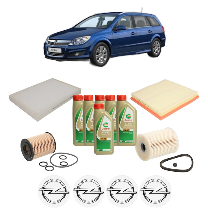 Pachet filtre revizie Bosch, 6 litrii ulei Castrol 5W40 OPEL ASTRA H CLASSIC Estate (A04) 1.7 CDTI (L35) din 2009, 4x Stickere auto cu OPEL