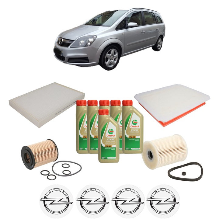 Pachet filtre revizie Bosch, 6 litrii ulei Castrol 5W40 OPEL ZAFIRA B Box Body/MPV (A05) 1.7 CDTI VAN (M75) din 2008-2015, 4x Stickere auto cu OPEL