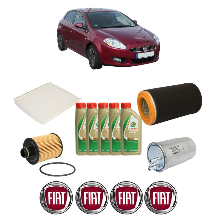 Pachet filtre revizie Bosch, 5 litrii ulei Castrol 5W40 FIAT BRAVO II (198_) 2.0 D Multijet (198AXN1B) din 2008-2014, 4x Stickere auto cu FIAT