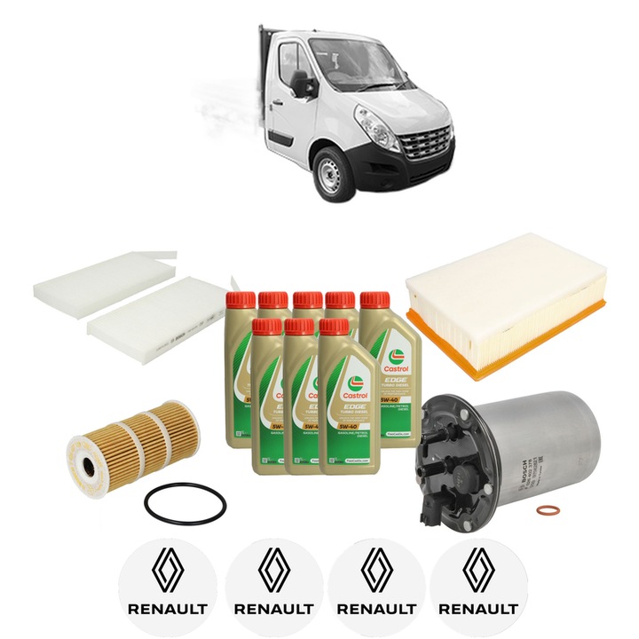 Pachet filtre revizie Bosch, 8 litrii ulei Castrol 5W40 RENAULT MASTER III Platform/Chassis (EV, HV, UV) 2.3 dCi 100 FWD (EV0A, EV0B, HV0A, HV0B, UV0A, UV0B,... din 2010, 4x Stickere auto cu RENAULT