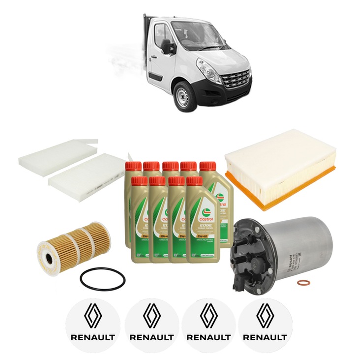Pachet filtre revizie Bosch, 9 litrii ulei Castrol 5W40 RENAULT MASTER III Platform/Chassis (EV, HV, UV) 2.3 dCi 145 RWD (UV0F, UV0E, HV0E, HV0F, HV0T, HV10,... din 2010, 4x Stickere auto cu RENAULT