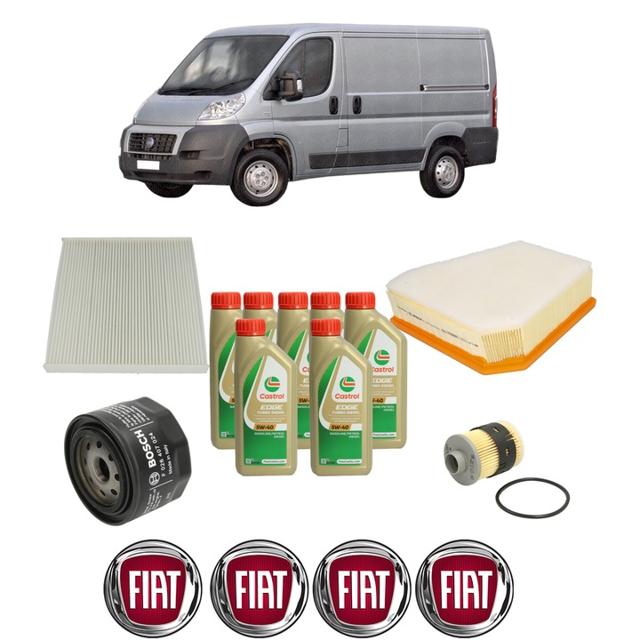Pachet filtre revizie Bosch, 7 litrii ulei Castrol 5W40 FIAT DUCATO Van (250_) 120 Multijet 2, 3 D 4x4 din 2010, 4x Stickere auto cu FIAT