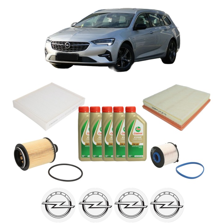 Pachet filtre revizie Bosch, 5 litrii ulei Castrol 5W40 OPEL INSIGNIA A Sports Tourer (G09) 2.0 CDTI 4x4 (35) din 2010-2015, 4x Stickere auto cu OPEL