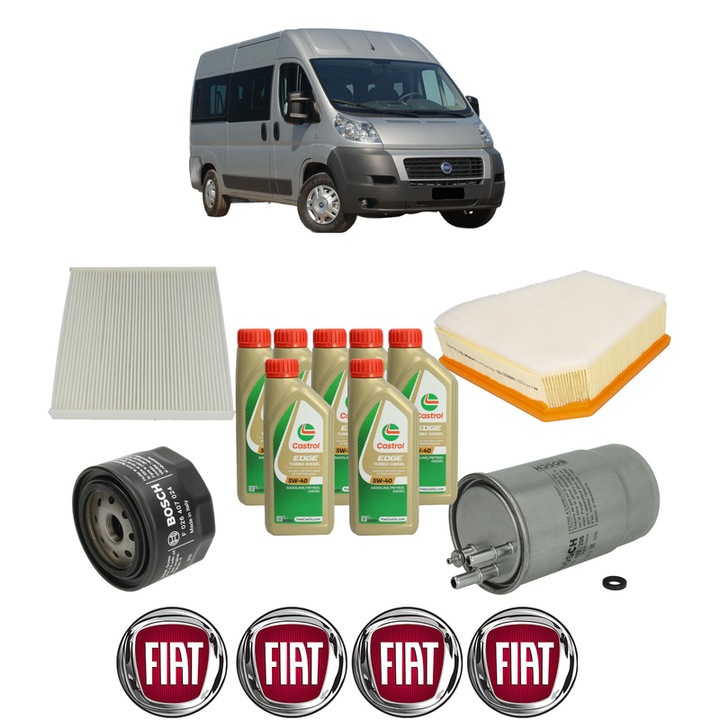 Pachet filtre revizie Bosch, 7 litrii ulei Castrol 5W40 FIAT DUCATO Bus (250_) 130 Multijet 2, 3 D 4x4 din 2011, 4x Stickere auto cu FIAT