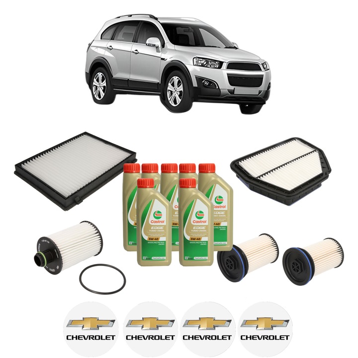 Pachet filtre revizie Bosch, 7 litrii ulei Castrol 5W40 CHEVROLET CAPTIVA (C100, C140) 2.2 D din 2011, 4x Stickere auto cu CHEVROLET