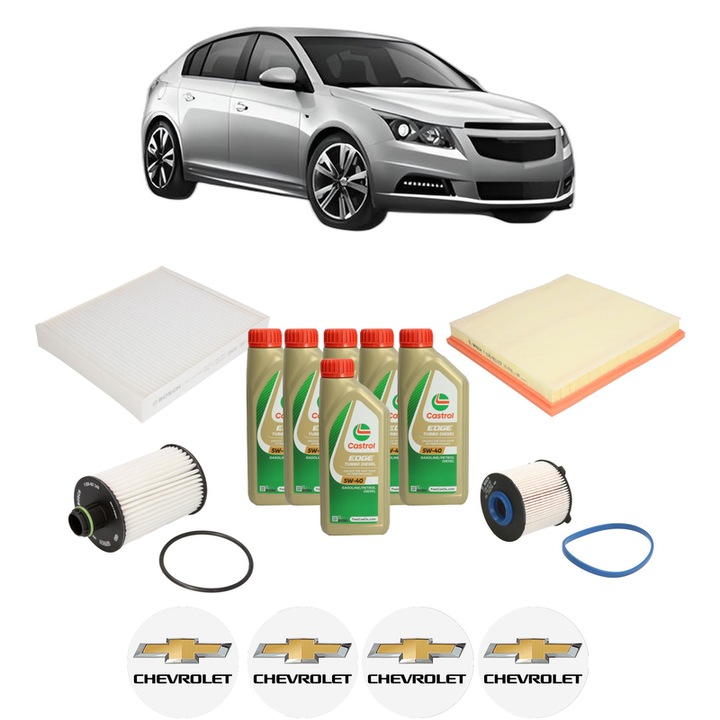 Pachet filtre revizie Bosch, 6 litrii ulei Castrol 5W40 CHEVROLET CRUZE Hatchback (J305) 2.0 CDI din 2011, 4x Stickere auto cu CHEVROLET