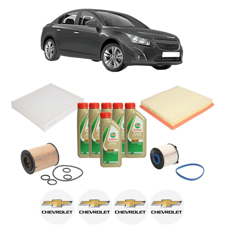 Pachet filtre revizie Bosch, 6 litrii ulei Castrol 5W40 CHEVROLET CRUZE (J300) 1.7 D din 2012, 4x Stickere auto cu CHEVROLET