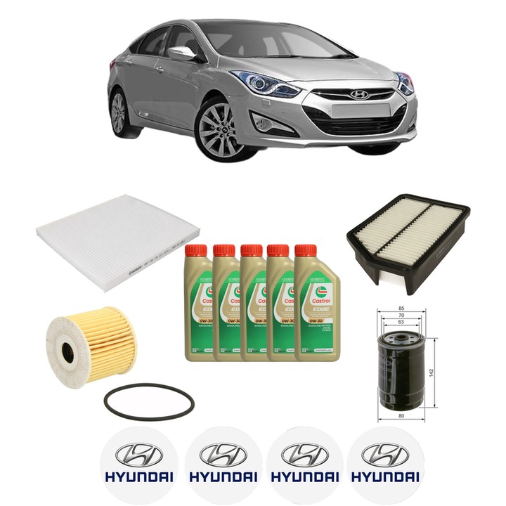 Pachet filtre revizie Bosch, 5 litrii ulei Castrol 0W30 HYUNDAI i40 I (VF) 1.6 CRDi din 2018-2019, 4x Stickere auto cu HYUNDAI