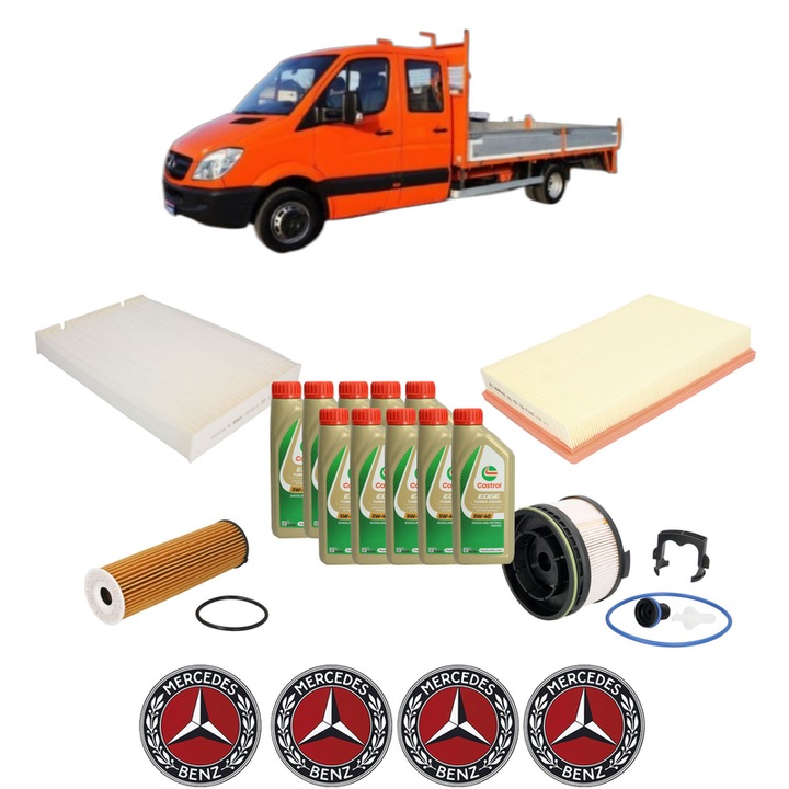 Pachet filtre revizie Bosch, 10 litrii ulei Castrol 5W40 MERCEDES-BENZ SPRINTER 3-t Platform/Chassis (B910, B907) 211 CDI RWD (907.221, 907.223, 907.123) din 2020, 4x Stickere auto cu MERCEDES-BENZ