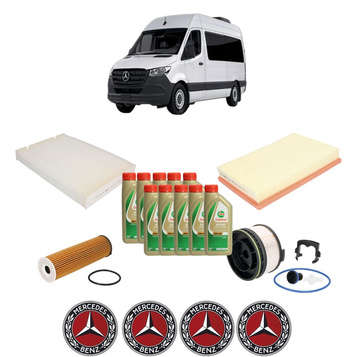 Pachet filtre revizie Bosch, 10 litrii ulei Castrol 5W40 MERCEDES-BENZ SPRINTER 3-t Tourer Bus (B907) 211 CDI (907.721, 907.723) din 2021, 4x Stickere auto cu MERCEDES-BENZ