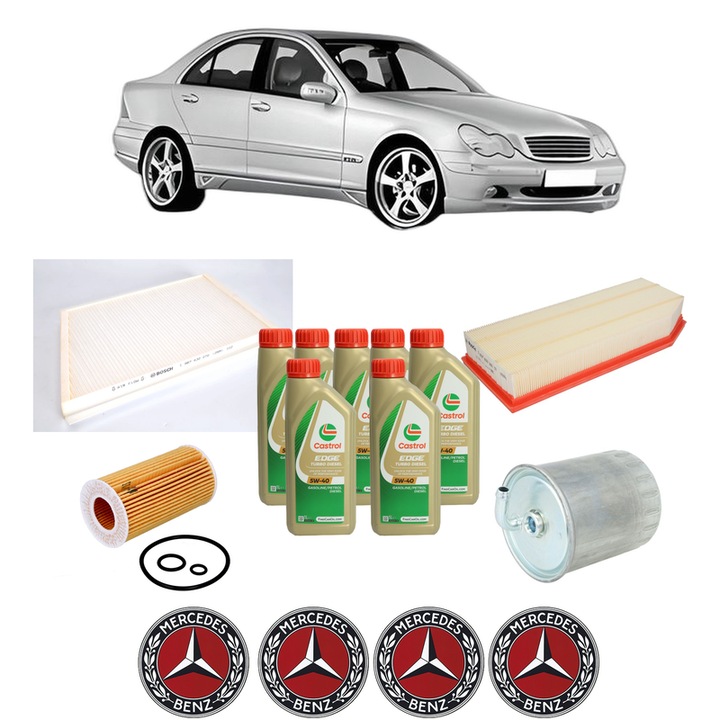 Pachet filtre revizie Bosch, 7 litrii ulei Castrol 5W40 MERCEDES-BENZ C-CLASS (W203) C 270 CDI (203.016) din 2000-2007, 4x Stickere auto cu MERCEDES-BENZ