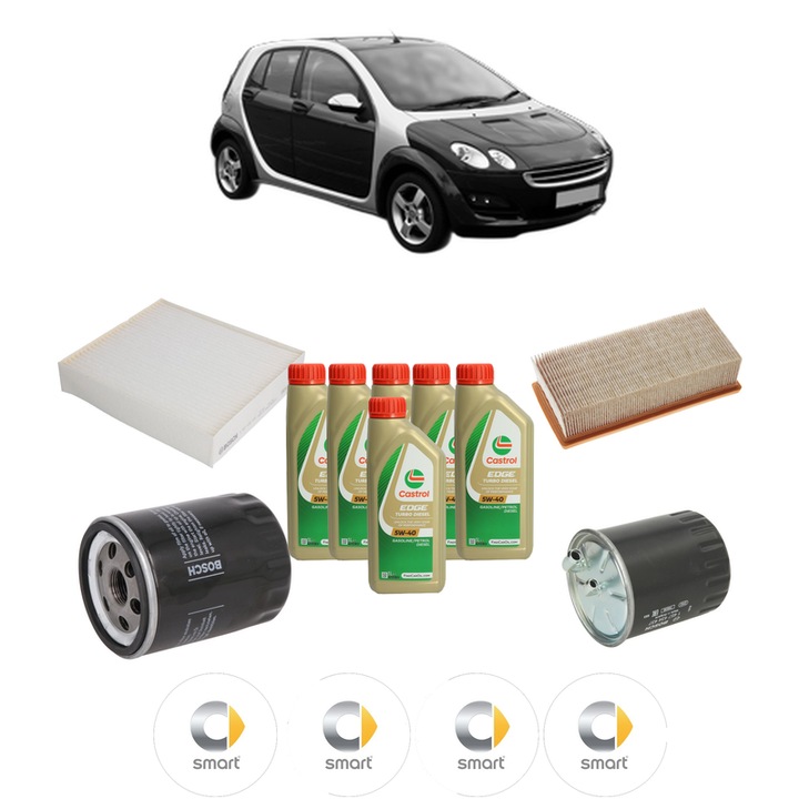 Pachet filtre revizie Bosch, 6 litrii ulei Castrol 5W40 SMART FORFOUR (454) 1.5 CDI (454.001) din 2004-2006, 4x Stickere auto cu SMART