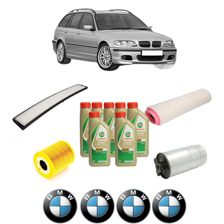 Pachet filtre revizie Bosch, 7 litrii ulei Castrol 5W40 BMW Seria 3 Touring (E46) 330 xd din 2000-2003, 4x Stickere auto cu BMW